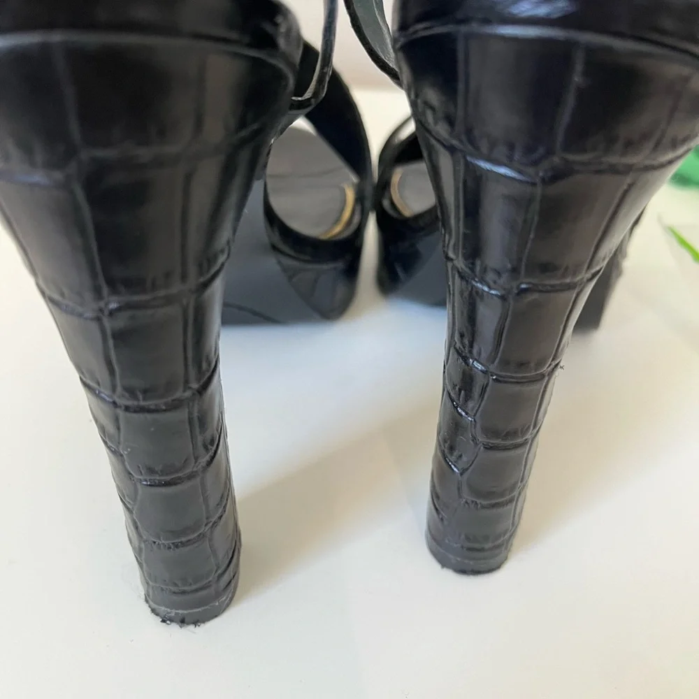 Ralph Lauren Black Croc-Embossed Leather Platform Heels with Gold Buckles